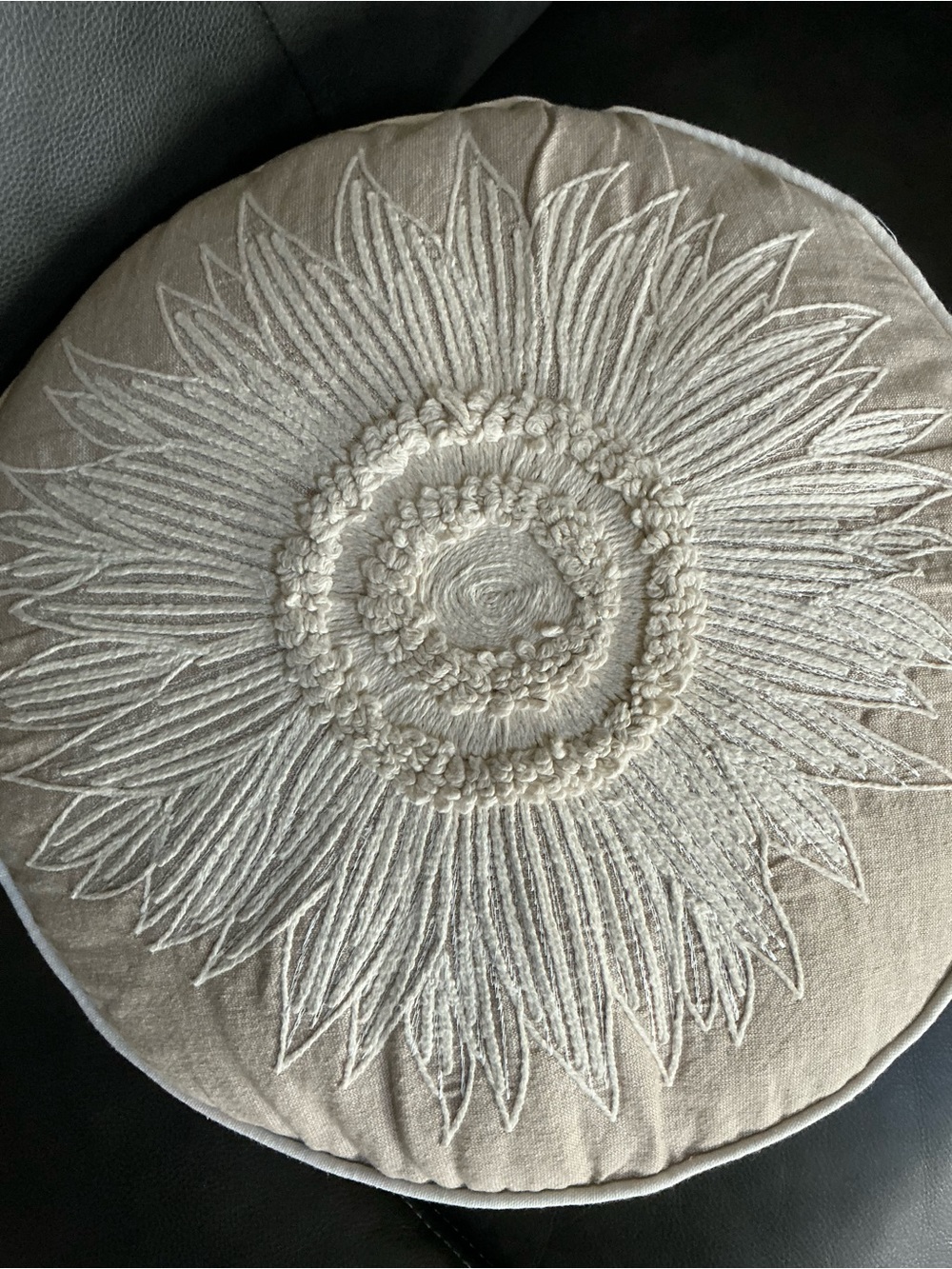 Neutral Sunburst Embroidered Round Decorative Pillow